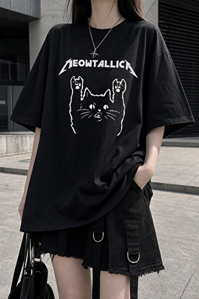 Carpe Siyah Meowtallica Oversize T-shirt