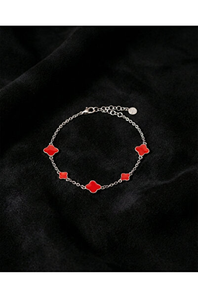 Roza Silver 925 Ayar Rodyum Kırmızı Mineli Yonca Charm Gümüş Bileklik