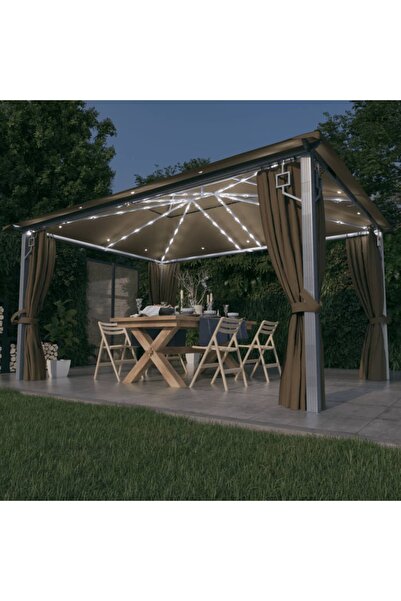 Concept Pavilion cu perdele&șiruri lumini LED gri taupe 4x3m aluminiu