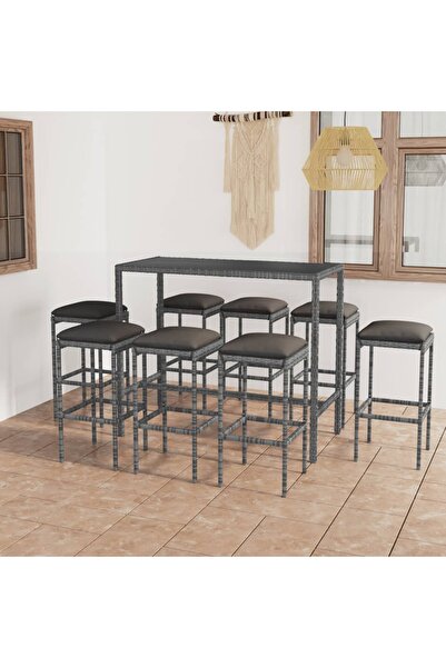 Concept Set mobilier bar de grădină cu perne, 9 piese, gri, poliratan