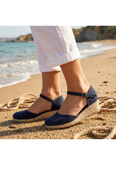 Star Tombis Gerçek Elişi Hasır 3cm Topuklu Bantlı Günlük Kadın Espadril Handmade