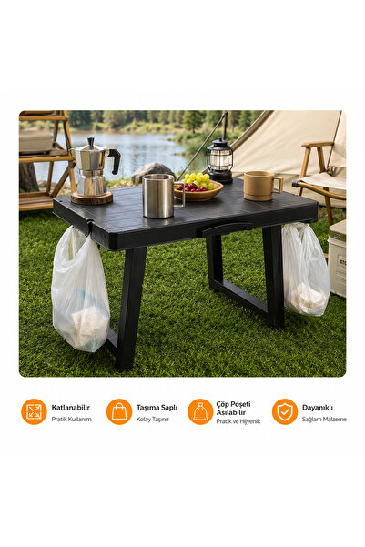 MUHAX Katlanabilir Plastik Kamp ve Piknik Masası, Antrasit, 50x40 cm, Modern,...