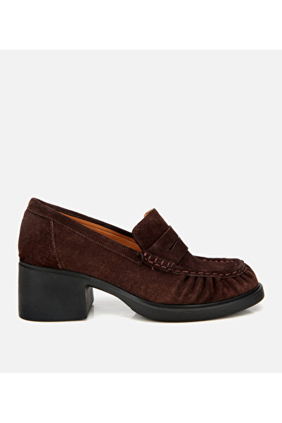 Hotiç Women's Suede Leather Brown Thick Heeled Classic Loafer