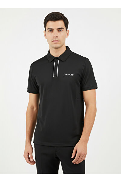 PLAYOFF Polo Neck Combed Cotton T-Shirt Black