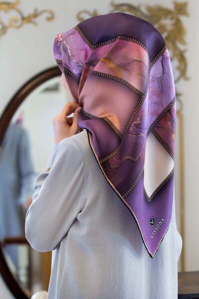57% SILK 43% VISCOSE Twill Silk Effect Tape Pattern Purple-Powder Color 90x90 Scarf Sewing Shape : E