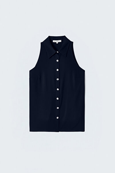 Sateen Halter Neck Shirt - Navy Blue