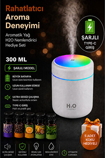 Genel Markalar Şarjlı +5 Adet Koku Hediyeli Ultrasonik Oda ve Araç Hava Nemle...