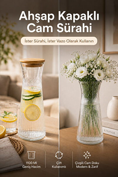 Vienev Ahşap Kapaklı Cam Sürahi & Vazo 1100 ml - Çizgili Cam Karaf Başucu Sür...