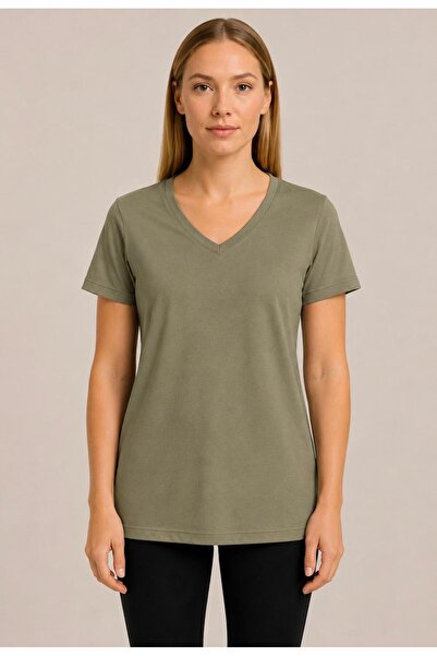AXXEL Women's Light Khaki Short Sleeve Cotton Oversize Relaxed Cut T-Shirt-D8...