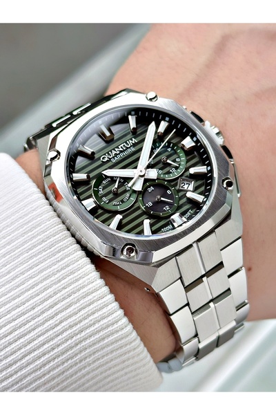 Quantum Functional Silver-Green Color Sapphire Glass Steel Band Steel Case Me...