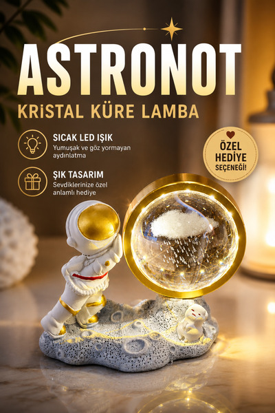 BENT Astronot Kristal Küre Gece Lambası LED Dekoratif Masa Lambası Ay Temalı ...