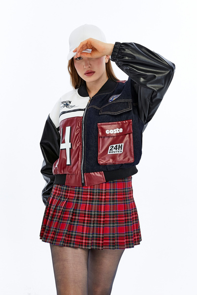 CHOS7N Women's Oversized Printed Denim and Leather Striped Casual Jacket with...