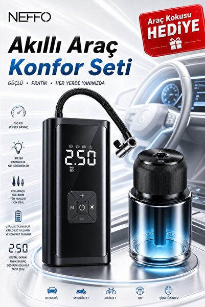 NEFFO 150 PSI Şarjlı Hava Kompresörü 4500mAh | LCD Ekranlı Taşınabilir Lastik...