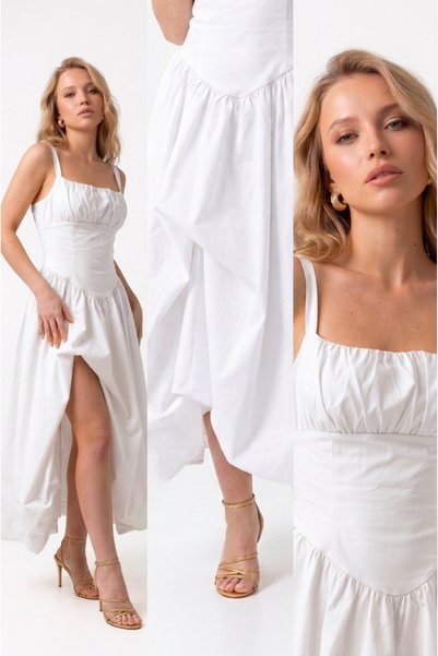 Auragul Corset - Gathered Detailed, Slit Balloon Skirt Midi Dress