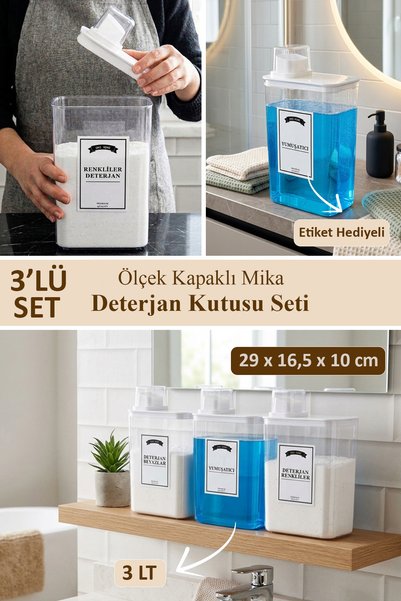 dnshome 3'lü Deterjan Saklama Kabı Kendinden Ölçekli Renkliler Beyazlar Yumuşatıcı Deterjanlık Seti 3000 ml