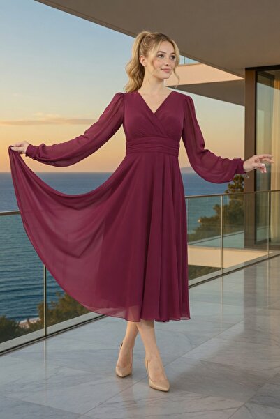 FaBe Fashion Long-sleeved, backless, wrap-around midi chiffon dress