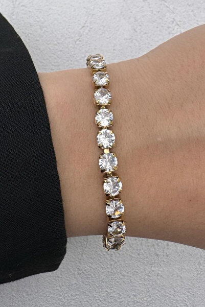 Leo'Stone 4mm Zirkon Taşlı Gold Kaplama Su Yolu Kadın Çelik Bileklik Altın Kararmaz Renk Atmaz