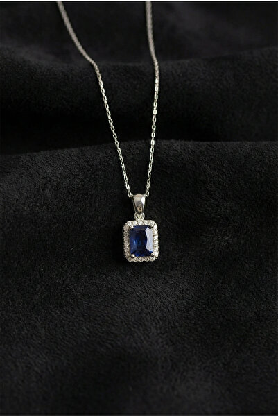Roza Silver 925 Ayar Safir Taşlı Rodyum Tektaş Baget Gümüş Kolye