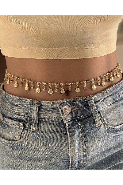 Gleemy accesories Gold renk Zirkon Taşlı Deniz Kabuğu Figürlü Şık Bel Zinciri