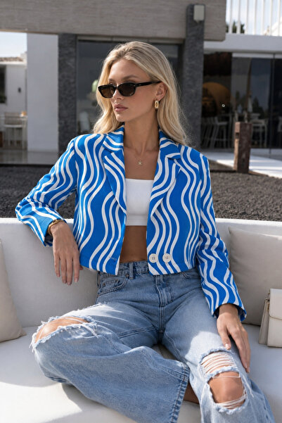 Black Fashion Desenli Mavi Crop Ceket