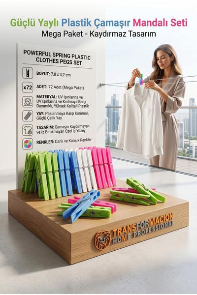 Transformacion 72'li Mega Paket Güçlü Yaylı Plastik Çamaşır Mandalı Seti, Kay...