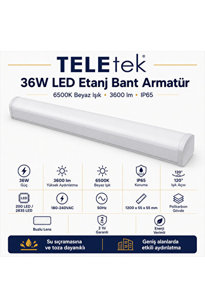 Teletek 36w 6500k Beyaz Işık 3600lm Led Etanj Beyaz Bant Armatür