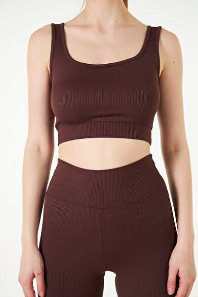 THIFF GYMWEAR Smeđi rebrasti pleteni crop top sa četvrtastim izrezom i fleksi...