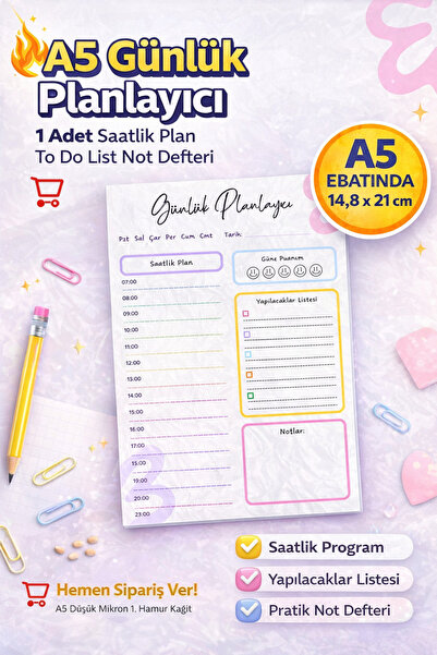 (30 AL Hediyeyi Kap ) A5 Günlük Planlayıcı 1 Adet Saatlik Plan To Do List Not Kağıdı