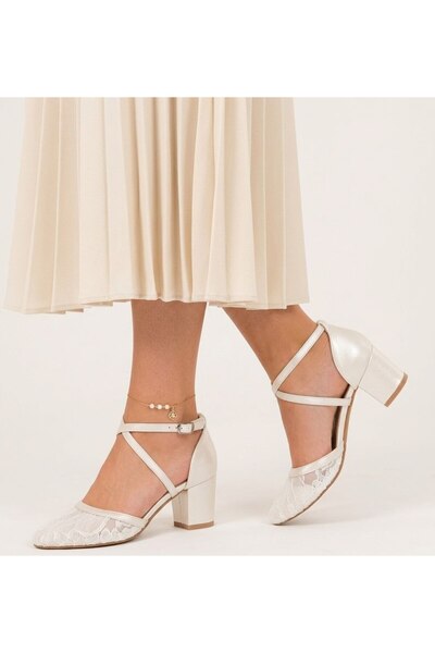 Gönbeler Premium White Lace Heeled Women's Shoes – Ankle-Strapped Comfortable...