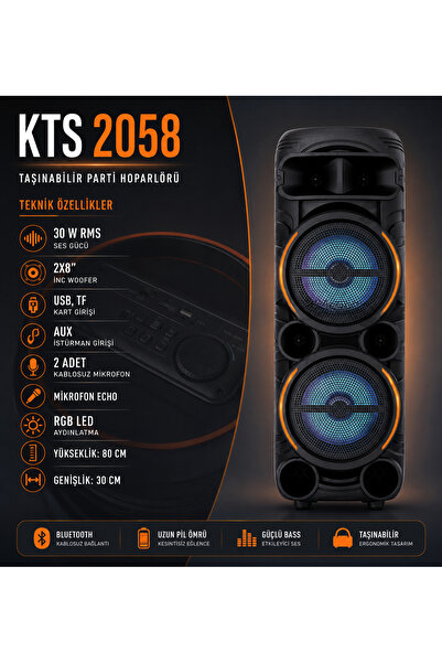 Boomboxtr KTS-2058 Siyah Çift Mikrofonlu RGB Ledli Taşınabilir Bluetooth Hopa...