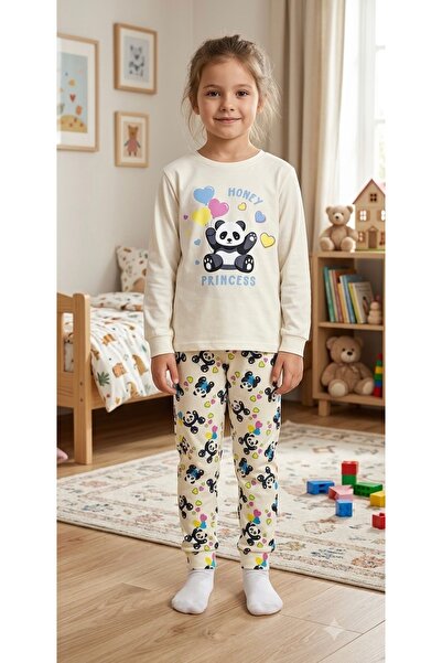 elmas kids Devojčička pamučna pidžama sa žutim panda uzorkom, sezonska, dugih...