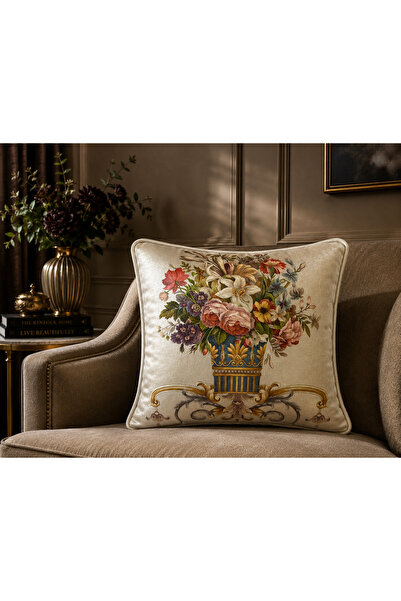 Fabricland İthal Ipek Kadife Damask Desen Krem Rengi Kare Kırlent Kılıfı 43x4...