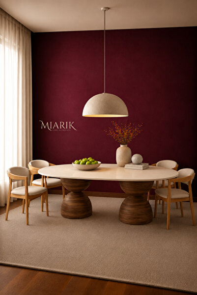 MIARIK DESIGN Bogum- Ahşap Ayak Traverten Mermer Yemek Masası