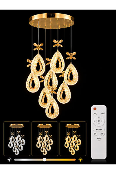 Marsel Lighting YAGMUR 8Lİ GOLD AVİZE 3 RENK LED ISIKLI KUMANDALI SALON AVİZE...