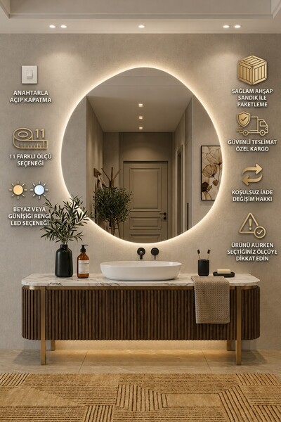 CG HOME Arya Asimetrik Ledli Ayna Dokunmatik Modern Banyo Aynası Şık Tasarım ...