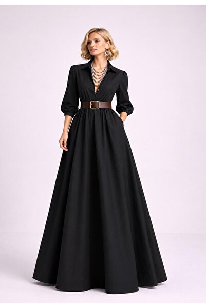 ALYEL NAKER Long Sleeve & Maxi Length Black Poplin Shirt Dress