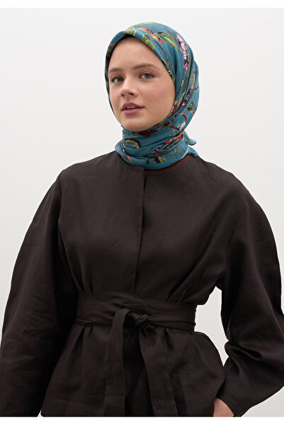 Freshscarfs Μπλε Φουλάρι με Σχέδιο Λουλουδιών και Βροχής από Βαμβάκι και Βισκόζη