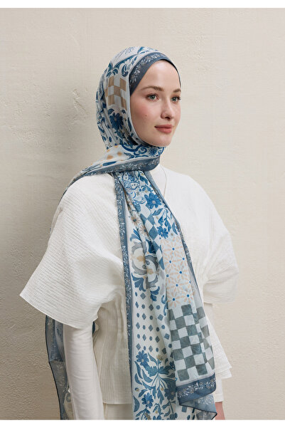 Freshscarfs İndigo Bella Desen İpek Krep Şal