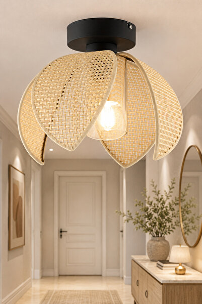 NisaLuce Nisa Luce Lusora Metal Plafonyer avize-4 KANATLI-CAMLI-Hasır Krem