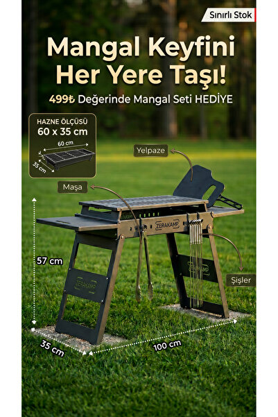 zerakamp Sehpalı Mangal Katlanır Taşınabilir 2 Tarafı Raflı Barbekü