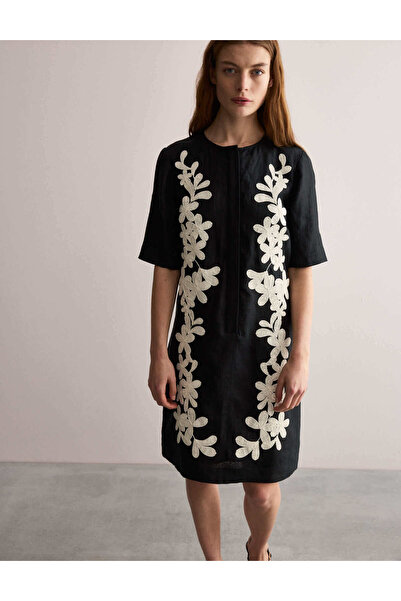 Marks & Spencer Saf Keten Nakışlı Mini Shift Elbise