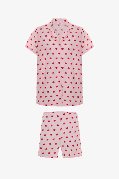 Penti Pink Cute Hearts Buttoned Shirt Pajama Set with Shorts