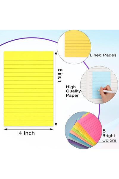 Arabest 8-Color Lined Sticky Notes 4x6 Inch, 40 Sheets/Pad, Bright Self-Stick...