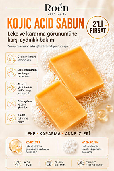 Roen Doğal Kojik Asit Sabun, Cilt Beyazlatıcı, Leke Giderme, Kararma, Akne, G...