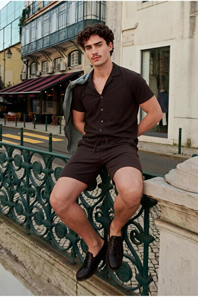 DAMGA JEANS Men's Short Sleeve Shirt Summer Linen Shorts Coffee Two-Piece Set