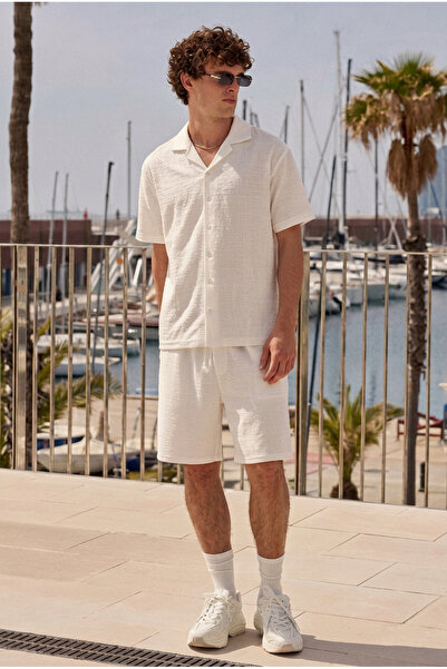 DAMGA JEANS Men's Premium Comfortable Shirt Jogger Linen Shorts White Two-Pie...