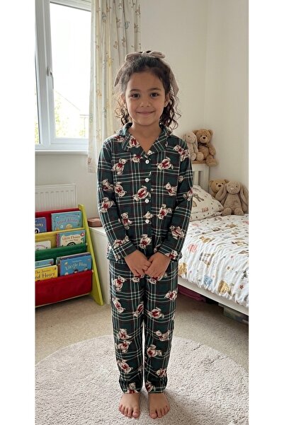 ALİŞ KİDS Girl's Cotton Green Plaid Teddy Bear Pattern Long Sleeve Shirt Coll...
