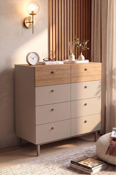 Yurudesign Luke Geniş Şifonyer 8 Çekmeceli Ahşap Ayaklı Kumsal-Sepet LK7-CS