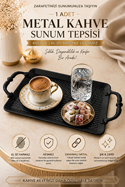 VENON SİYAH ALARA Sunum Tepsisi Metal Tepsi İkramlık Kulplu Tepsi Servis Teps...