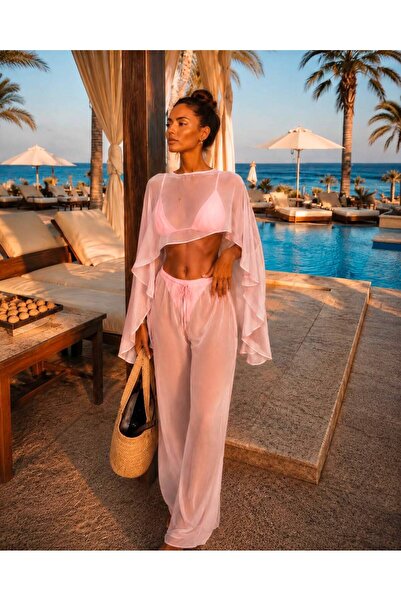 Hazzai TAKIM001 Pembe Şifon Kumaş Bluz Pantolon İkili Takım